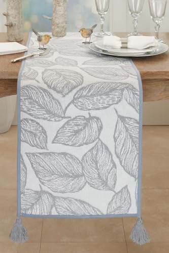 Fennco Styles Grey and White Leaf Woven Table Runner - 14 x 71 Inch Reversible Runner Table Centerpiece for Dining Home Decor, Indoor Parties, Holiday Events Tassel Table Runner