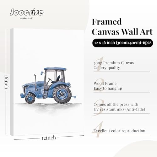 Boys Truck Wall Art Set of 6 Truck Vehicle Canvas Wall Decor Toddler Construction Wall Art Watercolor Playroom Kids Pictures Prints Nursery Artwork for Room Bedroom 12x16 Inch Framed