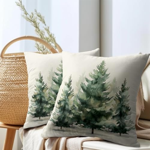 Watercolor Green Tree Throw Pillow Covers 18x18 Inch Set of 2 Green Christmas Tree Decorative Pillowcase Winter Nature Trees Holiday Cotton Linen Cushion Cover for Home Sofa Living Room Patio