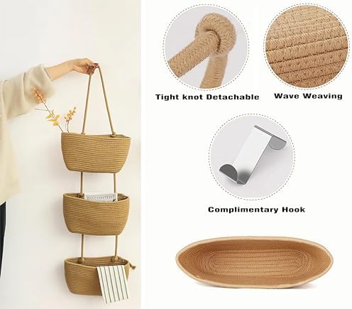 AARAINBOW Wall Hanging Cotton Baskets - Large 3 Tier Decorative Baskets for Wall, Nursery, Bathroom (B-Brown)