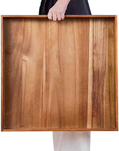 Serving Tray with Handles, 22 inch Large Square Ottoman Tray Coffee Table Tray, Wooden Trays Decorative Trays for Party, Food Serving, Breakfast, Dinner, Coffee Tea, Appetizers