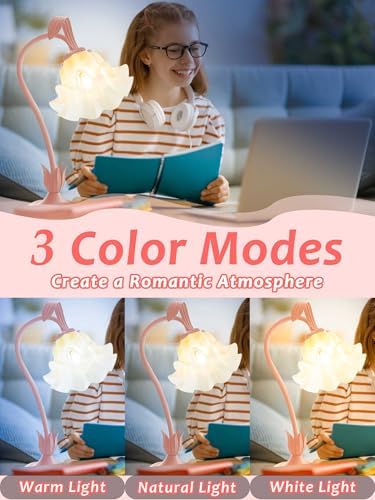 Flower Table Lamp, LED Reading Light Bedside Vintage Night Light (Pink)