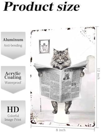 Metal Tin Sign Vintage Cat Toilet Reading Newspaper Humour Funny Animal Whimsy Animal for Home, Bathroom and Toilet Wall Decor 12x8 Inch(822)