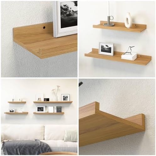 Boswillon Floating Shelves Set of 2, Small Wall Shelf with Lip, 16in, Oak