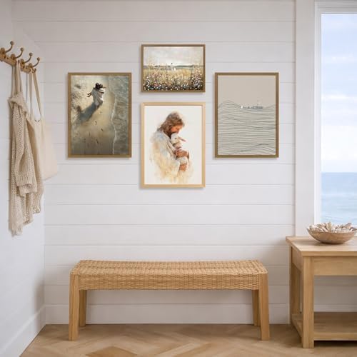 EisEver Jesus Walking with Girl Wall Art, Inspirational Christian Faith Decor, Rustic Wildflower Meadow Canvas Painting, Biblical Landscape Artwork or Church Kids Room Wood Framed 12x16 Inch