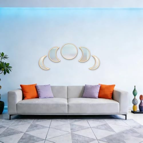 5-Piece Set of Moon Phase Mirror Decorations in Nordic Style, Acrylic Mirror paired with Wooden Combination, Bohemian Style Living Room Bedroom Home Decoration, Beige (Beige)