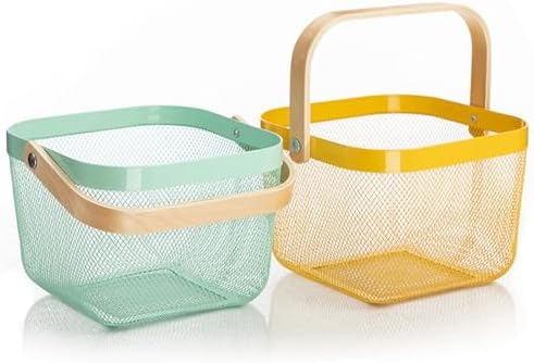 AJIODA Metal Mesh Steel Basket, Storage Organizer Basket Multi-functional Hanging Kitchen Baskets Fruit Baskets with Wooden Handle for Kitchen Bathroom Picnic Shopping Decor Cabinet Home, Yellow