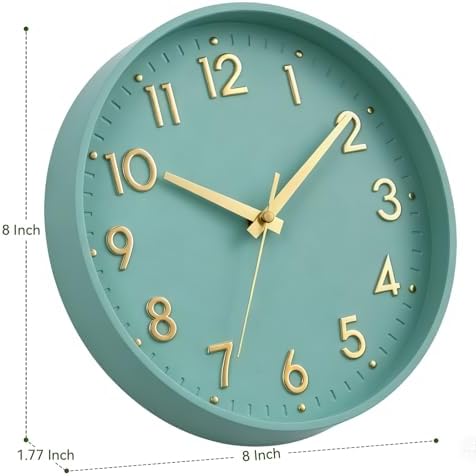 Mosewa Small 8 Inch Wall Clock Battery Operated Silent Non Ticking Analog | Mint Green modern clock; oversized 3D easy-read dial for kitchen, bedroom & office; 1 AA battery (not included)