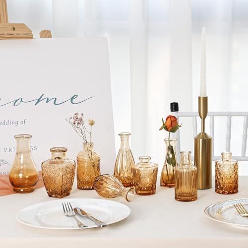 CUCUMI 12pcs Bud Vases for Centerpieces, Amber Gold Glass Vase Set | Small Vintage Vases for Centerpieces, Decorative Flower Vases for Wedding Home Table Decor