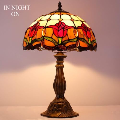 WERFACTORY Tiffany Table Lamp Stained Glass Style Tulip Flower Bedside Reading Desk Light 12X12X18 Inches Decor Bedroom Living Room Home Office S030 Series