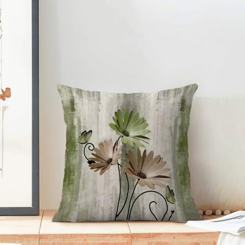 Sage Green Brown Floral Pillow Covers 18 x 18 Inch Set of 2 Daisy Floral Butterfly Decorative Throw Pillow Covers Linen Rustic Farmhouse Cushion Cases for Home Sofa Couch Living Room Decor