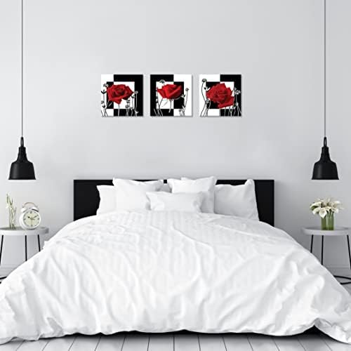 NAN Wind 3 pc Red Rose Wall Decor Black and White Red Rose Pictures for Wall Canvas Art Bedroom Decor Red Wall Art Flower Picture on Canvas for Home Decor Stretched and Framed 12X12inches