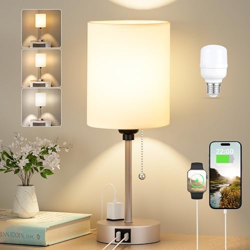 Small Bedside Table Lamp for Bedroom, Desk Lamp with USB Ports for Dorm