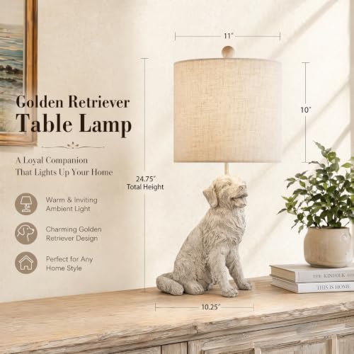 24.75" Sitting Golden Retriever Lamp, Whitewash, Textured Linen Shade