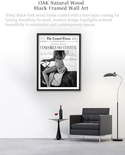 iHery 16x20in Cowgirls Go Coastal Framed Newspaper Wall Art | Premium Black Natural OAK Wood Frame with Canvas Print, Western Horseback Decor for Bedroom, Dorm, Living Room 1Pack