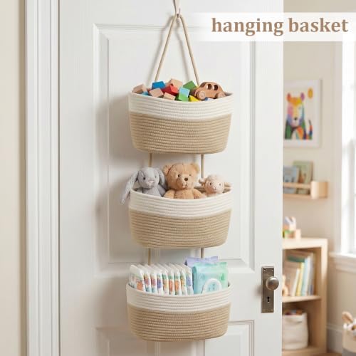 TeoKJ Over the Door Hanging Basket, 3-Tier Woven Cotton Wall-Mounted Storage Organizer Bag Decorative Hanging Nursery Baskets, White & Jute