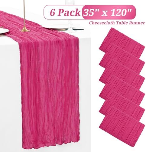 6 Pack Hot Pink Cheesecloth Table Runner, Extra Wide 35x120 Inch
