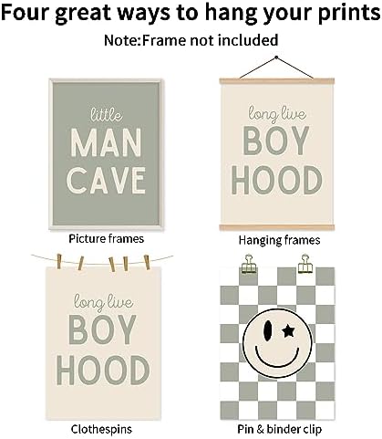 Long Live Boyhood Wall Art Nursery Baby Boys Canvas Wall Art Decor Preppy Retro Poster Prints Kids Little Man Cave Pictures Sage Green Artwork for Room Bedroom Set of 3 12x16 Inch Unframed