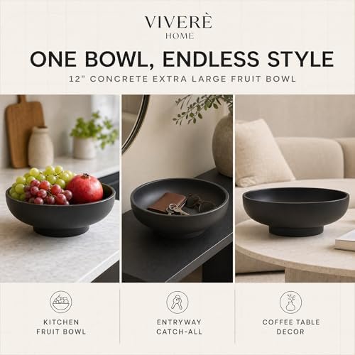 12" Concrete Extra Large Fruit bowl for Kitchen Counter, Coffee Table Decor, Decorative Key Bowl, Home Décor Accents, Kitchen Counter Decor Black