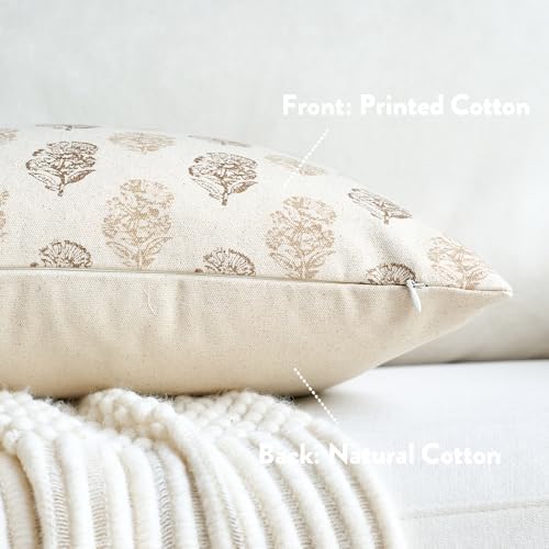 FIOUOVO Floral Vintage Throw Pillow Covers 18x18 Pillow Cover Block Print Decorative Cushion Covers Farmhouse Neutral Accent Home Décor for Sofa Couch Living Room Bedroom, 1PC, Cognac Brown