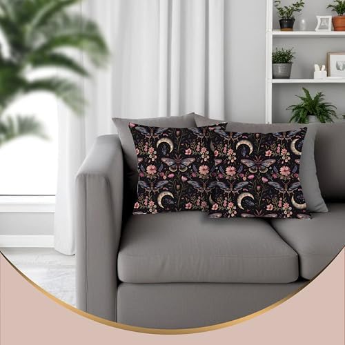 Gothic Moth Butterfly Pillow Covers 18x18 Set of 2, Dark Academia Witchy Moon Celestial Pillow Covers for Couch, Gothic Home Decor,Witchy Decor Aesthetic,Witchy Dark Cottagecore Room Decor