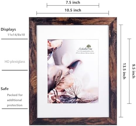 Wooden Brown 11x14 Picture Frame with Mat 2 Set in 1 Pack,Display 11x14 without Mat or 8x10 with Mat，Wall Gallery Photo Frames