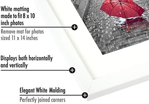 Americanflat 11x14 Picture Frame with Shatter-Resistant Glass - Use as 8x10 Frame with Mat or Display 11x14 Photo Without Mat - Signature Collection - Picture Frames for Wall Display - White