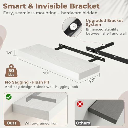 FLYJOE 20 Inch Floating Shelves for Wall Set of 2, 6.5" D Wood Grain Bathroom Shelves with Invisible Brackets, Easy Install Engineered Wood Storage Shelves for Kitchen, Living Room, Bedroom