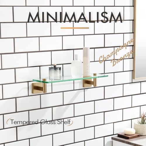 KOKOSIRI Wall Shelves Bathroom Hardware Glass Floating Shelf Small Hanging Rack Storage/Room Decor 16-Inch Champagne Bronze 2 Pack B1105CPG-L16-P2
