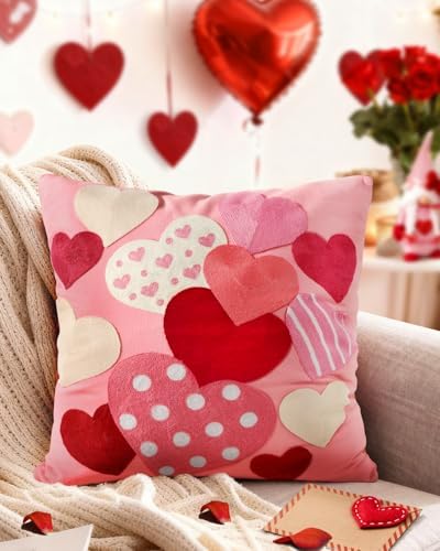 Valentines Pillow Cover 18x18 Inch - Embroidered Valentines Day Colorful Hearts Design Throw Pillow Cover Decorations Soft Cushion Case Home Decor for Couch, Sofa, or Bed(1 Pack)
