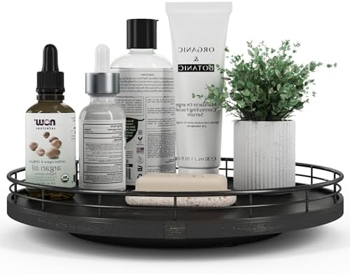 AMH 12-Inch Oak Lazy Susan Vanity Tray with Black Brush Gold Metal Rail