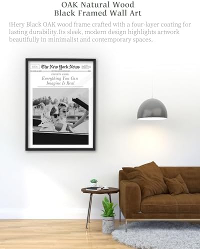 iHery 12x16in Everything You Can Imagine Is Real Framed Newspaper Art | Premium Black Natural OAK Wood Frame with Canvas Print, Vintage Girls Decor for Bedroom, Living Room, Dorm 1Pack