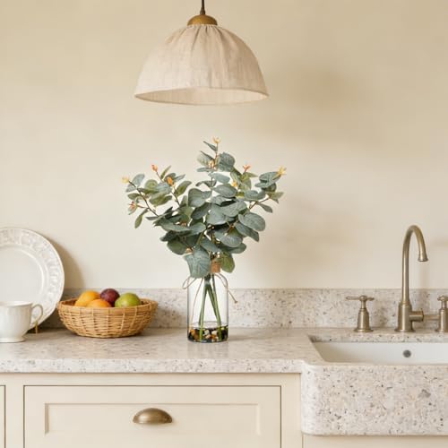 Artificial Eucalyptus Stems in Glass Vase, 15.74-in Greenery
