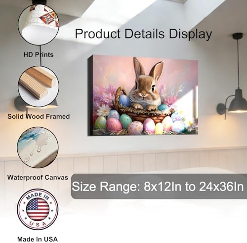 Oversize Vivid Easter Bunny Eggs Framed Canvas Wall Art for Bedroom, Colorful Easter Canvas Prints Pictures Wall Decor for Home, Kitchen, Office, Bar Artistic Wall Decorations
