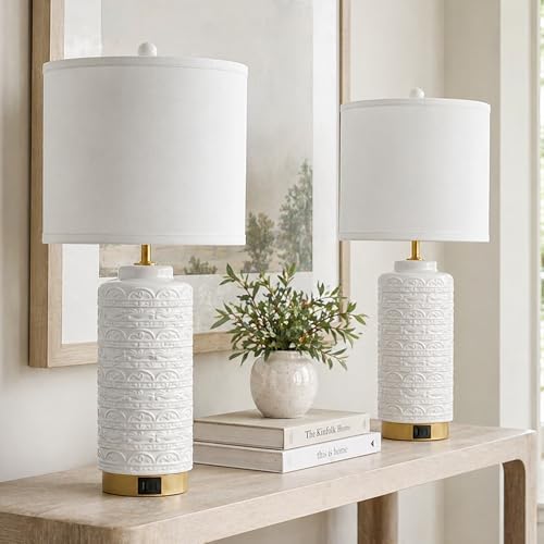 Set of 2 White Ceramic Table Lamps for Living Room, 25" Modern Bedside Lamps with Linen Shades and Dual USB Ports, Neutral Accent Lamps for Bedroom, Nightstand, Entryway, Console Table