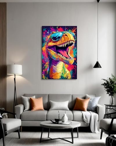Dinosaur Canvas Wall Art Graffiti Wall Decor Framed Funny Dinosaur with Glasses Picture Modern Pop Painting Prints for Living Room Bedroom Home Office Ready to Hang - 16.00"x24.00"