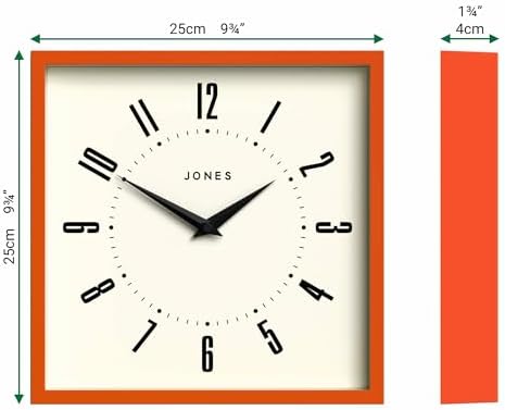 JONES CLOCKS® Box wall Clock | Retro Square Clock | 10" | Orange | Easy to Read Numbers | Perfect Kitchen Clock or Office Clock