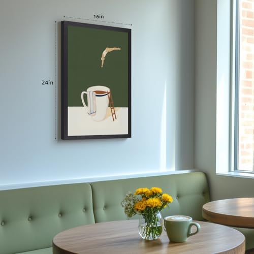 Cyebmo Modern Coffee Wall Art, Funny Diver Wall Decor, Vintage Kitchen Wall Decor, Minimalist Cafe Canvas Painting, Green Abstract Espresso Artwork for Kitchen Cafe Coffee Bar Wood Framed 12x16 Inch