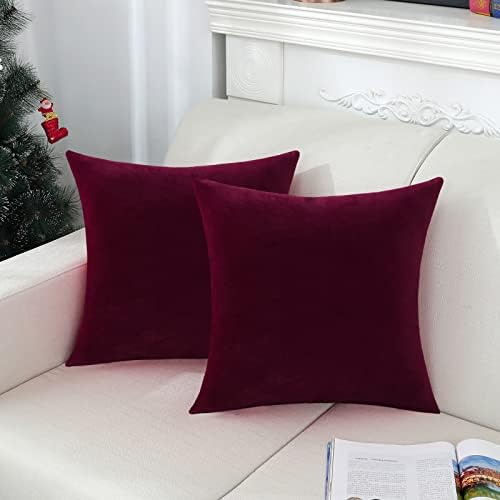 Jeneoo Set of 2 Comfy Soft Thick Velvet Throw Pillow Covers for Sofa Couch Decorative Solid Square Cushion Cases for Bedroom Car (16 x 16 Inches, Burgundy Red)