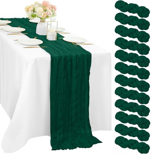 12 Pcs 10FT Emerald Green Cheesecloth Table Runner Gauze Fabric 35 x 120 Inches Long Boho Cheese Cloth Table Runner Rustic Semi Sheer Runner for Wedding Birthday Bridal Shower Party (Emerald Green)