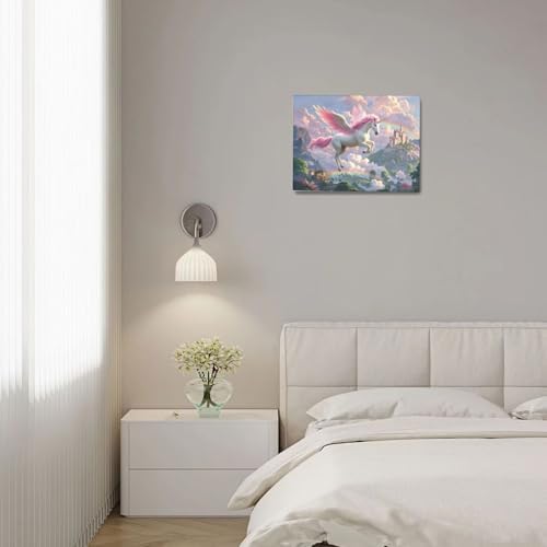 Crekviy Pink Unicorn Wall Art Fantasy Unicorn Bedroom Decor for Girls Magical Canvas Prints Painting Pictures Artwork Decorations for Nursery Room Bathroom Framed Kids Gifts 20"x24"