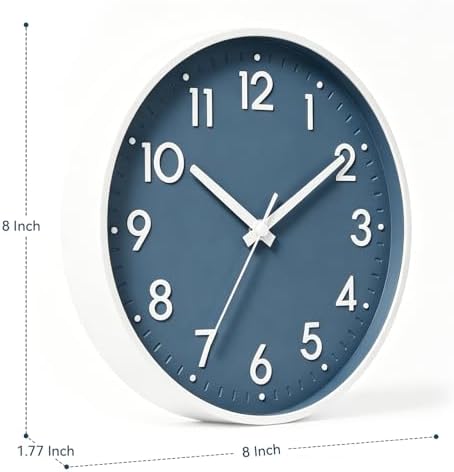 Mosewa Small 8 Inch Wall Clock Battery Operated Silent Non Ticking Analog | Azure Blue modern clock; oversized 3D easy-read dial for kitchen, bedroom & office; 1 AA battery (not included)