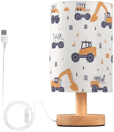 Construction Car Truck Excavator Pattern Table Lamp with Wood Base Fabric Lamp Shade Bedside Nightstand Desk Lamp for Living Room Bedroom Kids Room Office