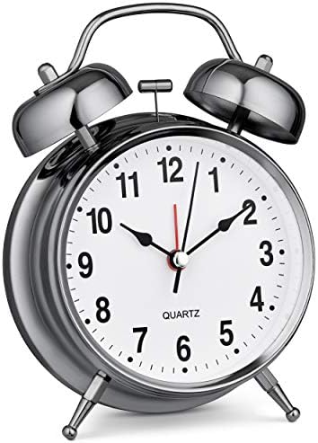Bernhard Products Analog Alarm Clock Twin Bell 4" Silver Metal Extra Loud Quartz Battery Operated with Backlight Silent Non-Ticking for Bedside Desk Vintage Retro Antique Decorative Old School, Chrome