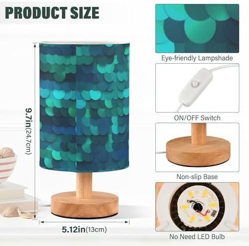 Bright Blue Mermaid Sequin Scale Table Lamp with Wood Base Fabric Lamp Shade Bedside Nightstand Desk Lamp for Living Room Bedroom Kids Room Office
