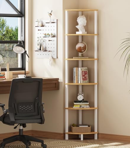 Corner Shelf, 6-Tier Corner Bookshelf, Industrial Corner Ladder Shelf, DIY Storage Shelves, Rustic Display Shelf for Living Room, Bedroom, Kitchen, Home Office, White and Nature Wood Color UJSJ004Q