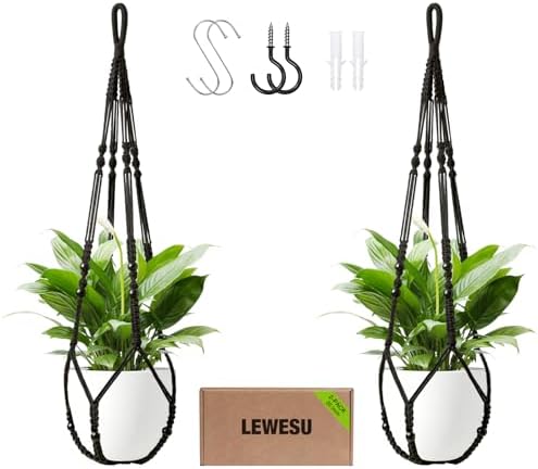 LEWESU Macrame Plant Hanger Indoor Set of 2 with 4 Hooks, Indoor Outdoor Hanging Planter for Plants Holder with Decorative Wood Beads & No Tassels, Boho Home Decor, 35 Inch Black (Pots Not Included)