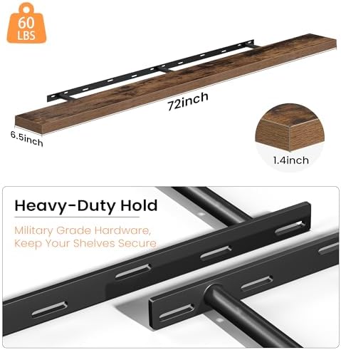 72 Inch Floating Shelves for Wall, Rustic Wood Wall Mounted Deep Storage Shelves with Invisible Brackets, Panoramic Decorative Display Ledge for Living Room Bedroom and Kitchen, Set of 2, Rustic Brown