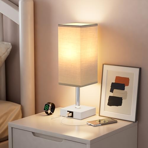 Touch Table Lamp for Bedroom - Dimmable, USB C+A, Grey Lamphade White Base