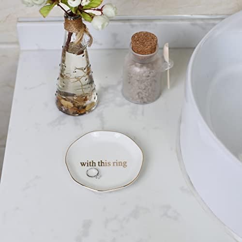 Engagement Wedding Ring Dish-With This Ring Jewelry Dish Tray-Gifts for Bride, Bride to be, Newlyweds, Ceramic White